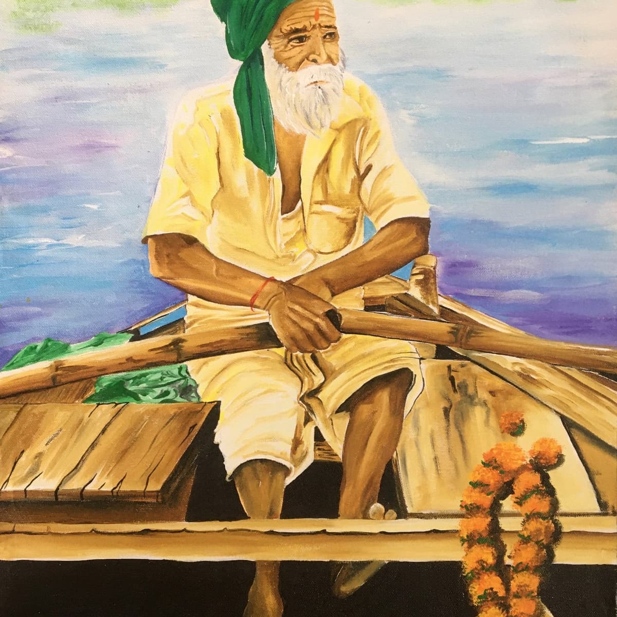 Painting of a fisherman resting on his boat